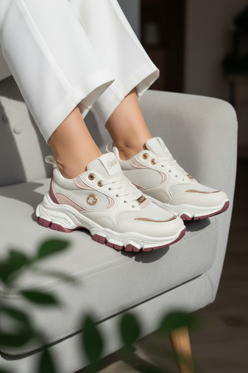 Tenis - Beige con Acentos Rosados y Detalles Texturizados - Diseño Chunky Moderno - 14666