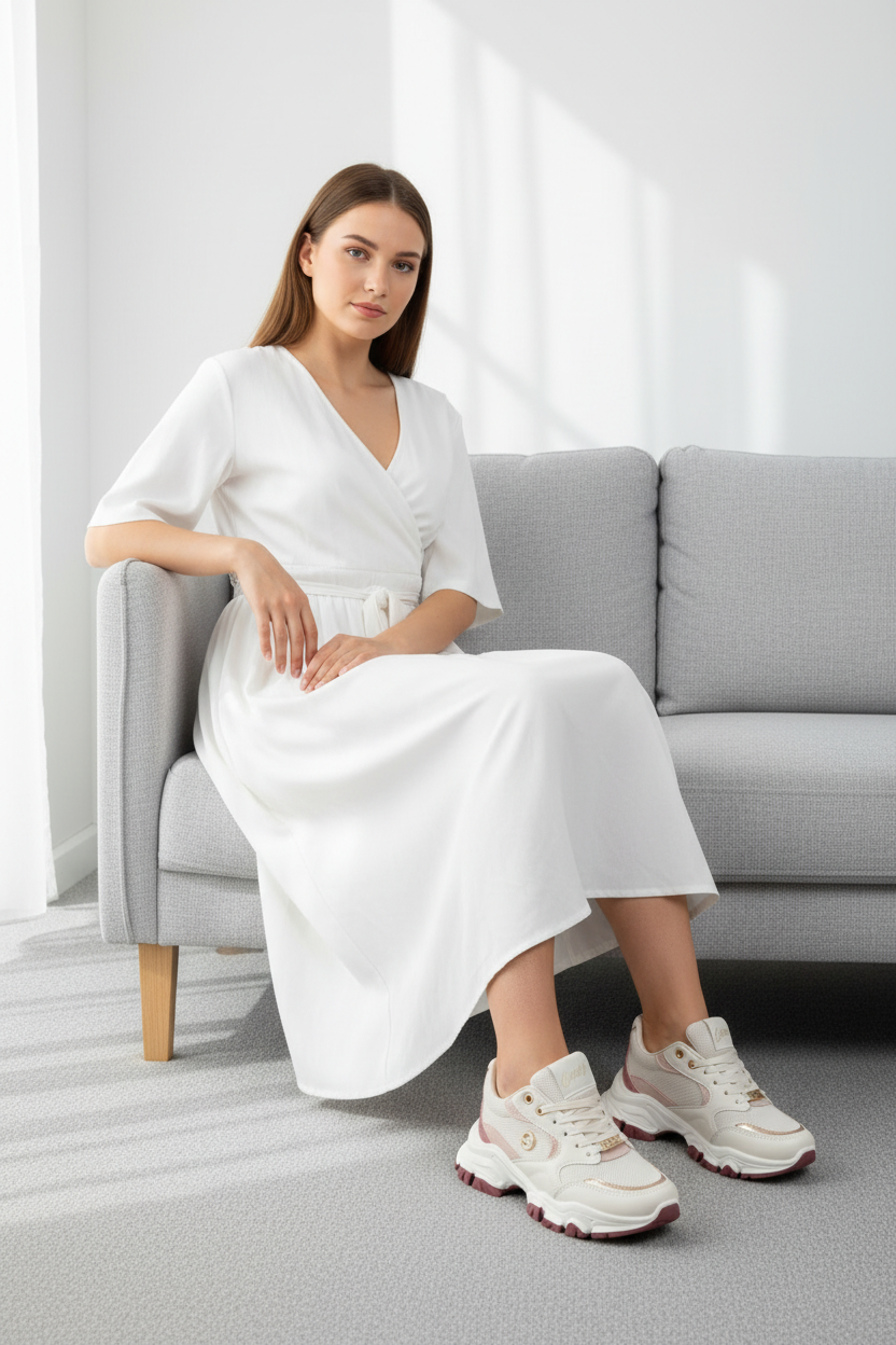 Tenis - Beige con Acentos Rosados y Detalles Texturizados - Diseño Chunky Moderno - 14666