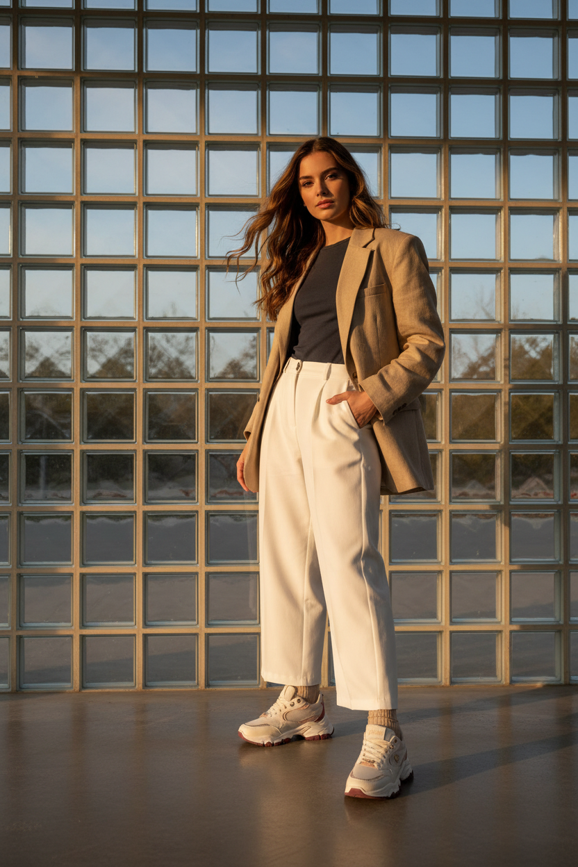 Tenis - Beige con Acentos Rosados y Detalles Texturizados - Diseño Chunky Moderno - 14666