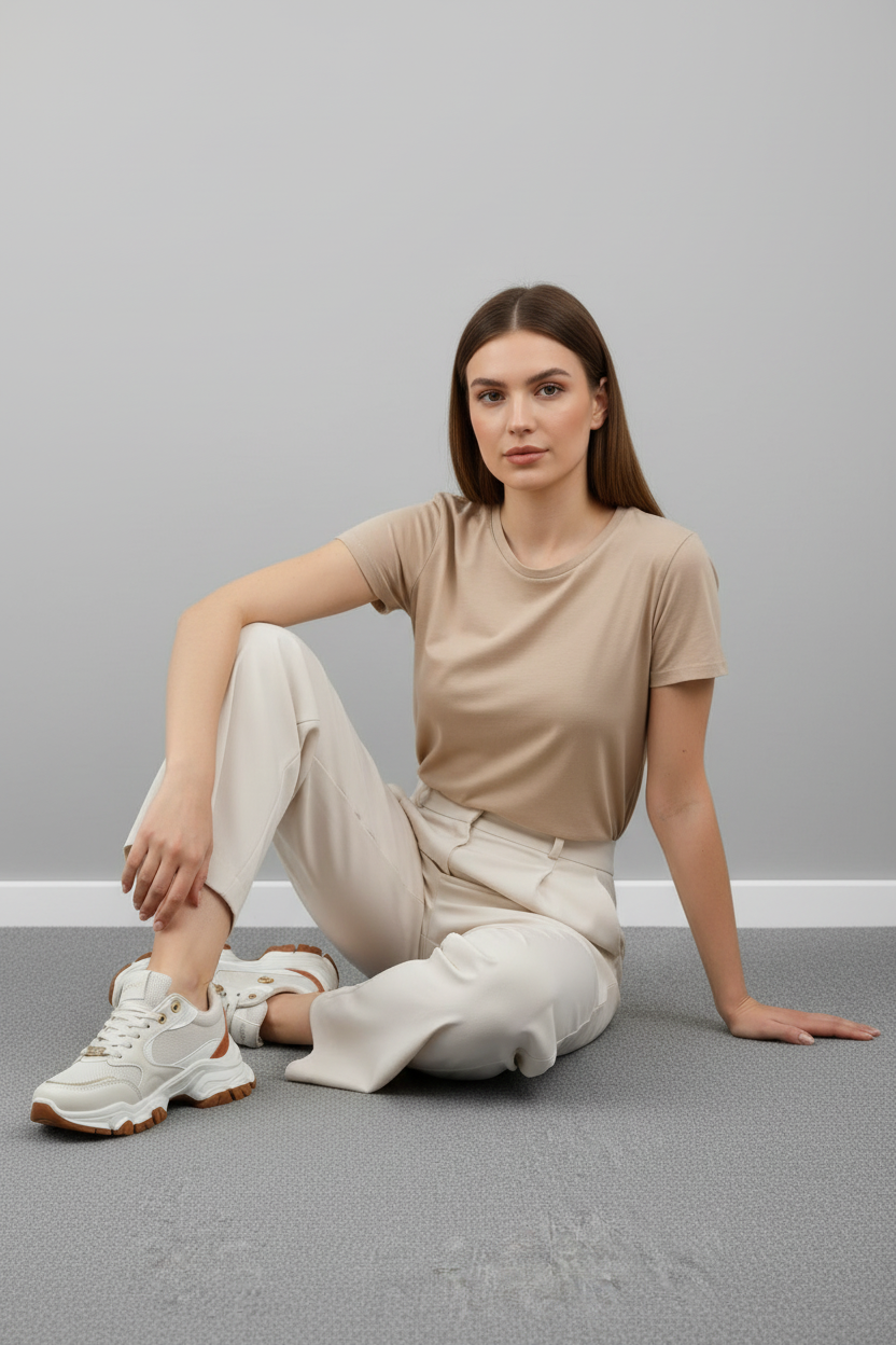 Tenis Beige Multitono Con Detalles Terracota Y Textura Multimaterial En La Parte Superior Suela Chunky - 14665