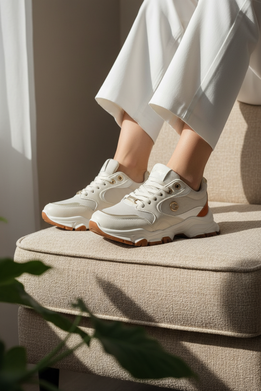 Tenis Beige Multitono Con Detalles Terracota Y Textura Multimaterial En La Parte Superior Suela Chunky - 14665