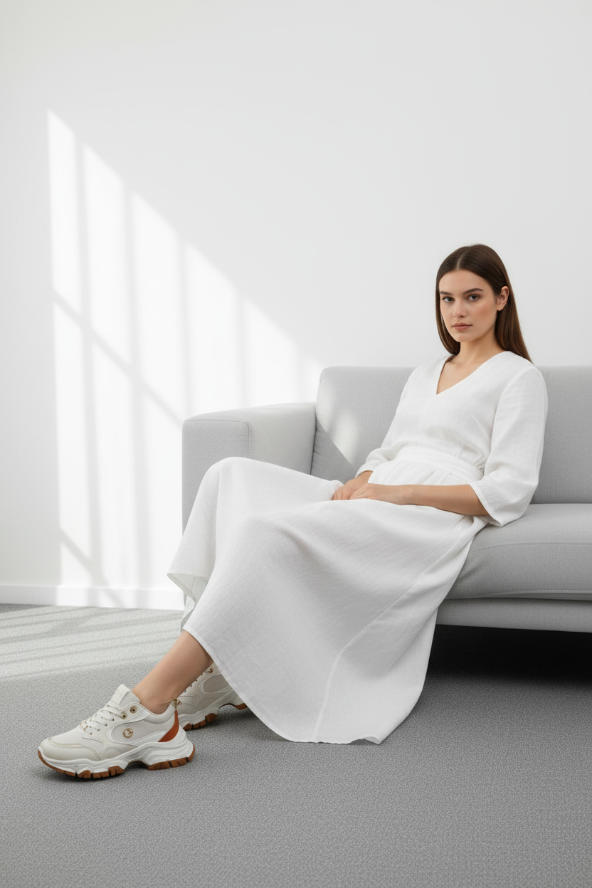 Tenis Beige Multitono Con Detalles Terracota Y Textura Multimaterial En La Parte Superior Suela Chunky - 14665