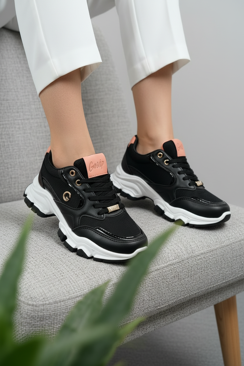 Zapatillas Negras Con Detalles Coral Y Dorado Suela Bicolor Estilo Chunky - 14664