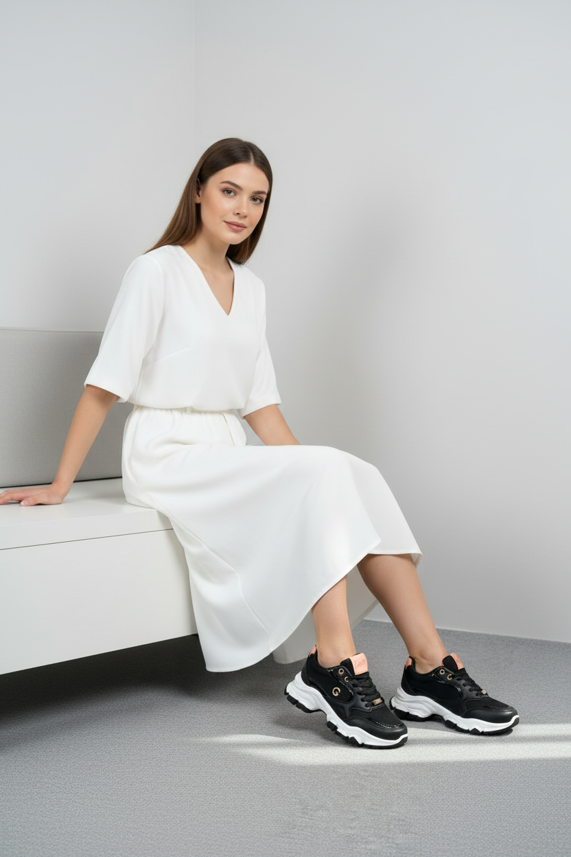 Zapatillas Negras Con Detalles Coral Y Dorado Suela Bicolor Estilo Chunky - 14664