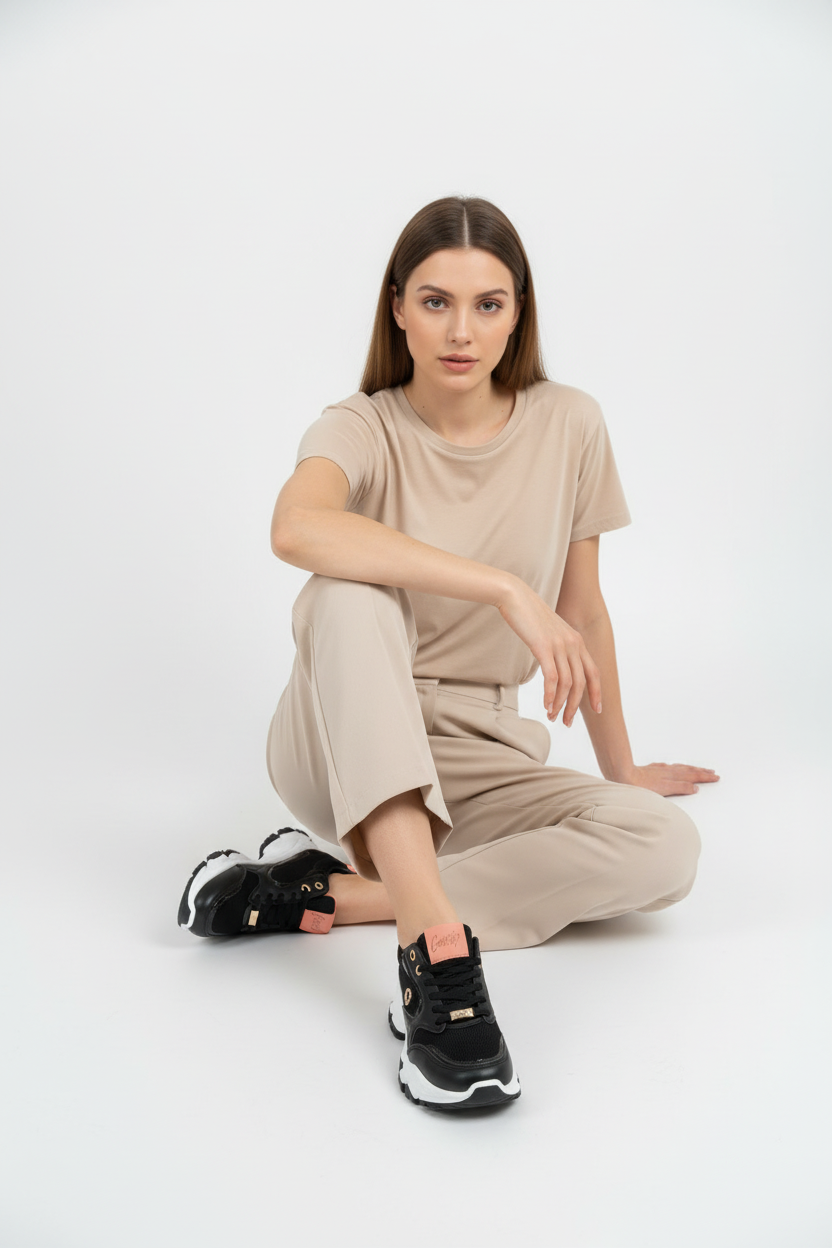 Zapatillas Negras Con Detalles Coral Y Dorado Suela Bicolor Estilo Chunky - 14664