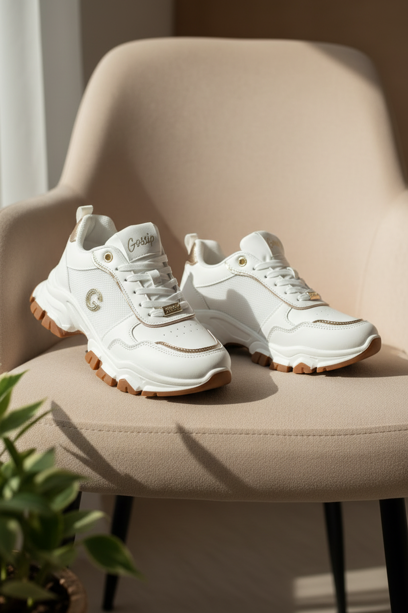 Tenis Blancos Con Detalles Dorados Y Suela Chunky Con Acabado Brillante Estilo Deportivo - 14663