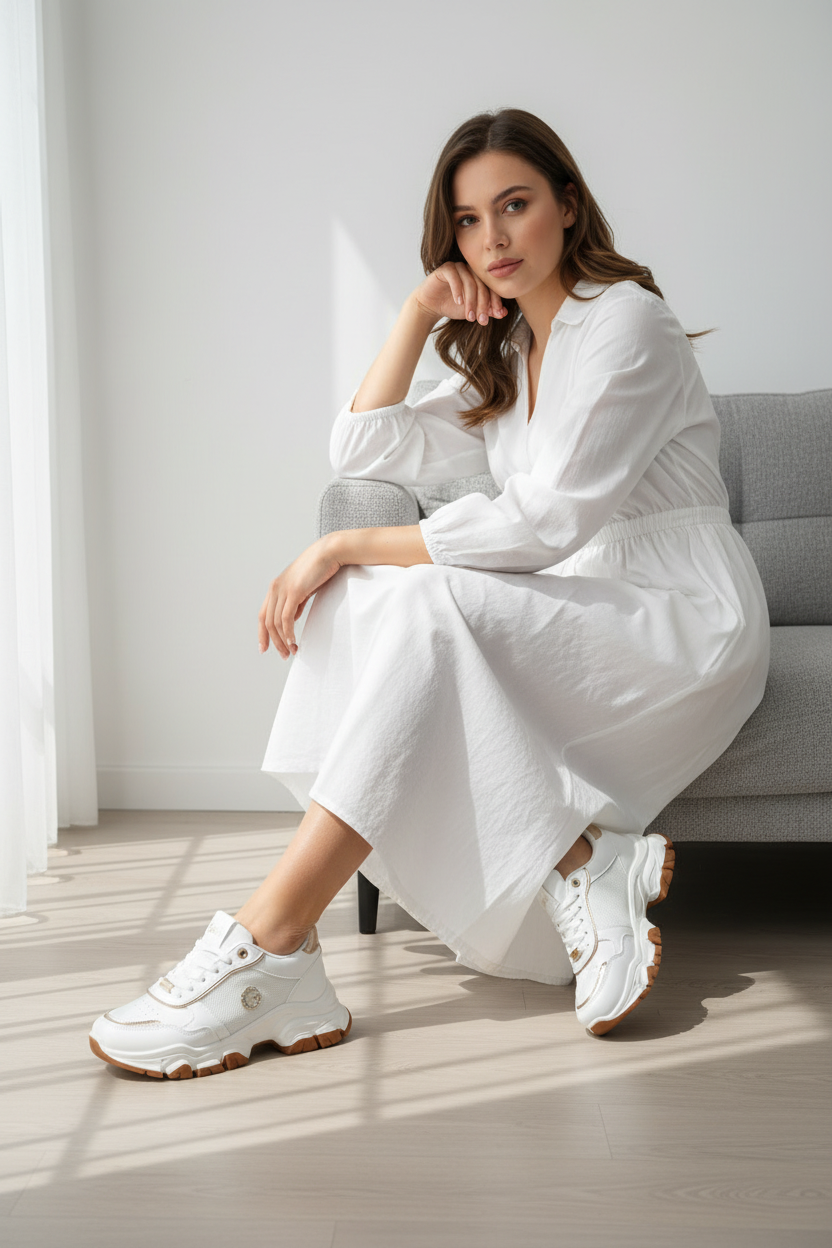 Tenis Blancos Con Detalles Dorados Y Suela Chunky Con Acabado Brillante Estilo Deportivo - 14663