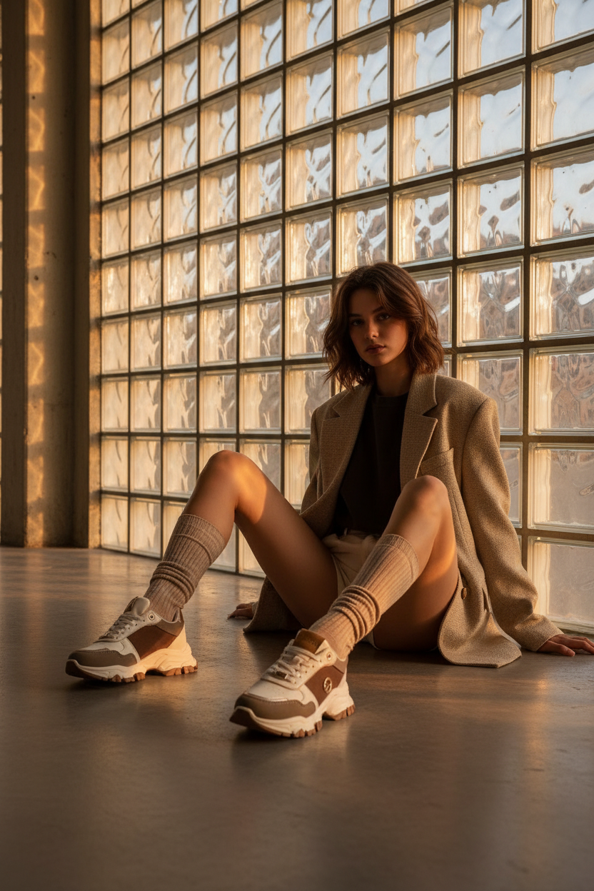 Tenis Chunky Beige Café con Detalles Metálicos Dorados Acabado Texturizado – 14662