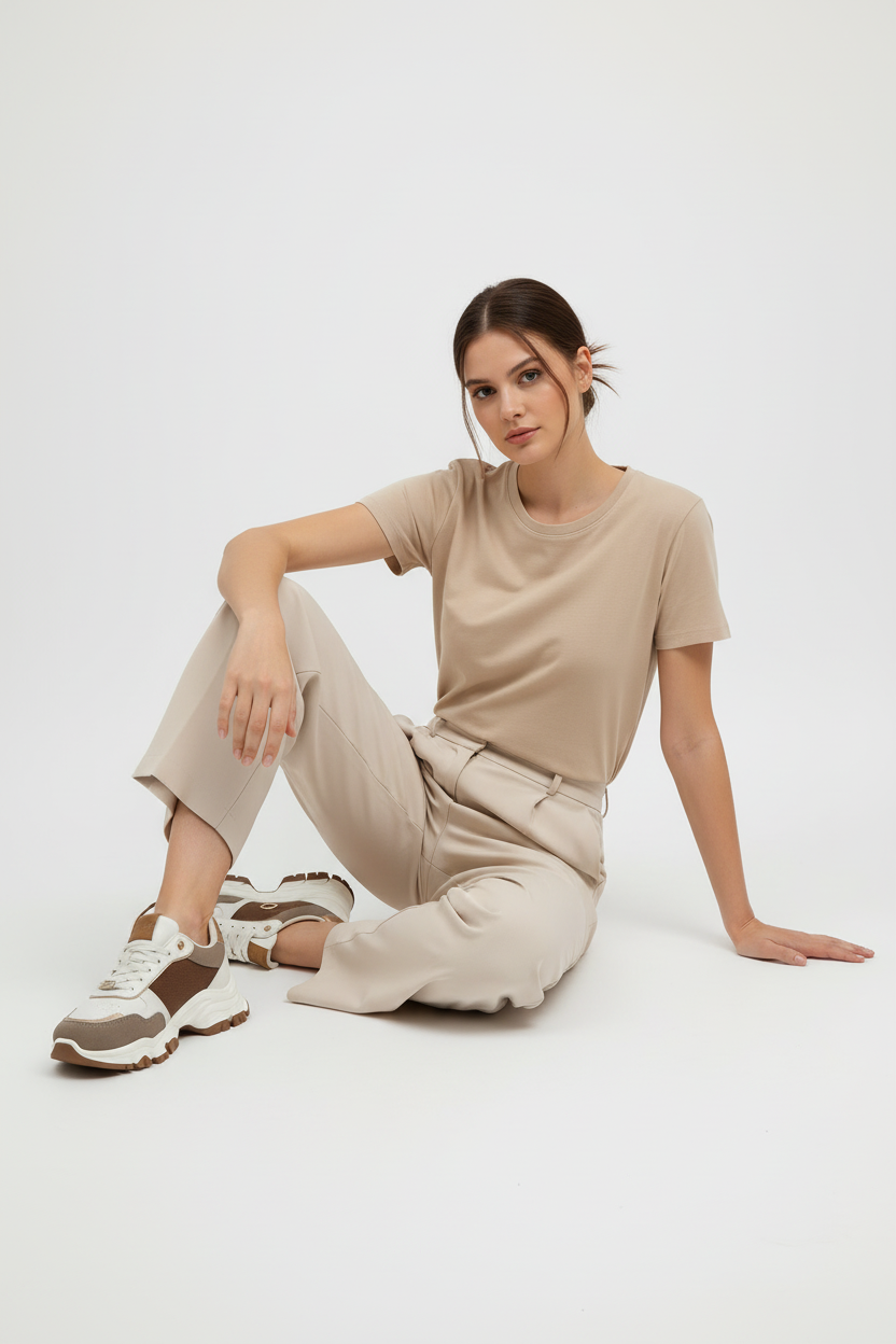 Tenis Chunky Beige Café con Detalles Metálicos Dorados Acabado Texturizado – 14662