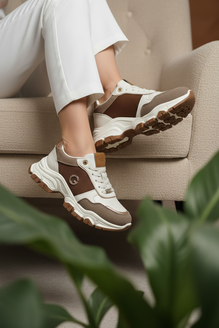 Tenis Chunky Beige Café con Detalles Metálicos Dorados Acabado Texturizado – 14662