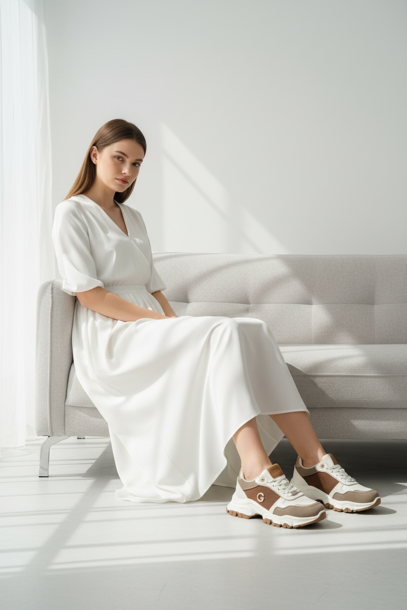 Tenis Chunky Beige Café con Detalles Metálicos Dorados Acabado Texturizado – 14662