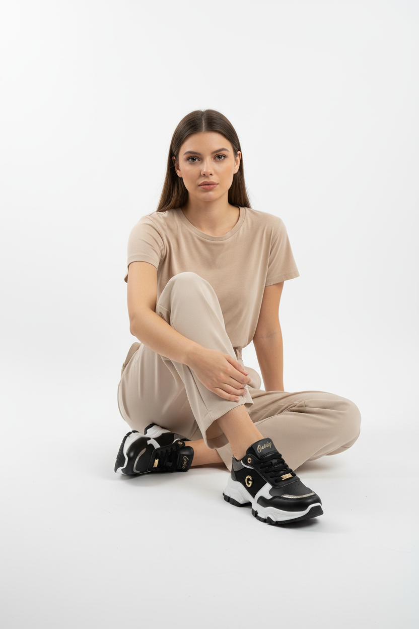 Tenis Chunky Negros Con Detalles Metálicos Y Paneles En Contraste + Estilo Urbano + Suela Gruesa Para Estabilidad + 14661