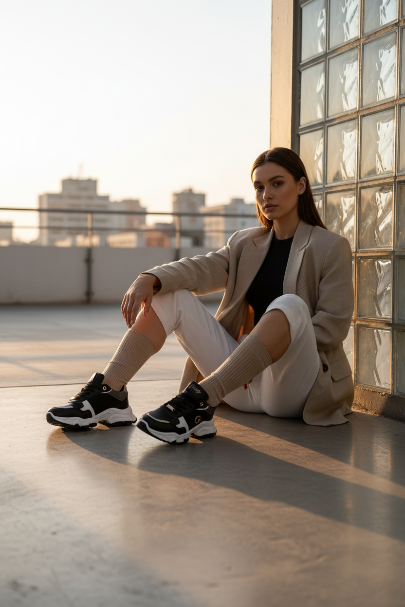 Tenis Chunky Negros Con Detalles Metálicos Y Paneles En Contraste + Estilo Urbano + Suela Gruesa Para Estabilidad + 14661