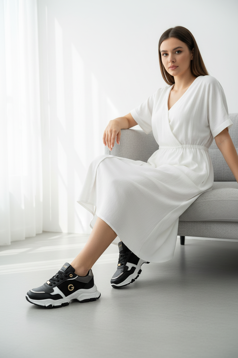 Tenis Chunky Negros Con Detalles Metálicos Y Paneles En Contraste + Estilo Urbano + Suela Gruesa Para Estabilidad + 14661