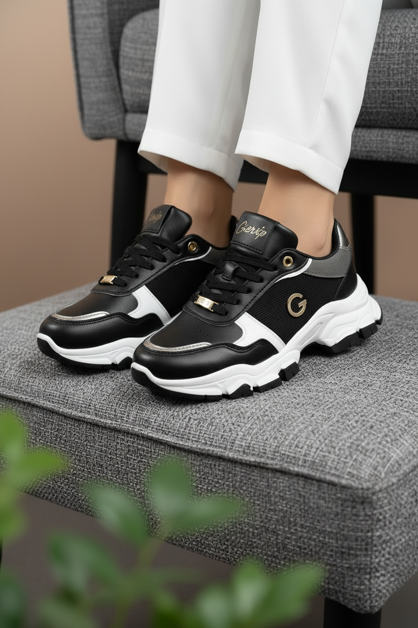 Tenis Chunky Negros Con Detalles Metálicos Y Paneles En Contraste + Estilo Urbano + Suela Gruesa Para Estabilidad + 14661