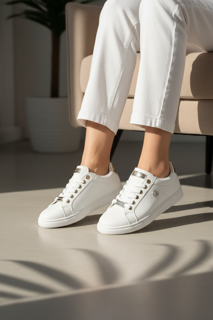 Zapatillas Blancas con Detalles Dorados, Acabado Liso y Silueta Court, Estilo Casual Minimalista - 14660