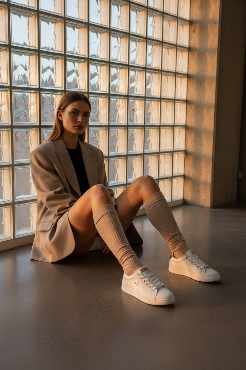 Zapatillas Blancas con Detalles Dorados, Acabado Liso y Silueta Court, Estilo Casual Minimalista - 14660