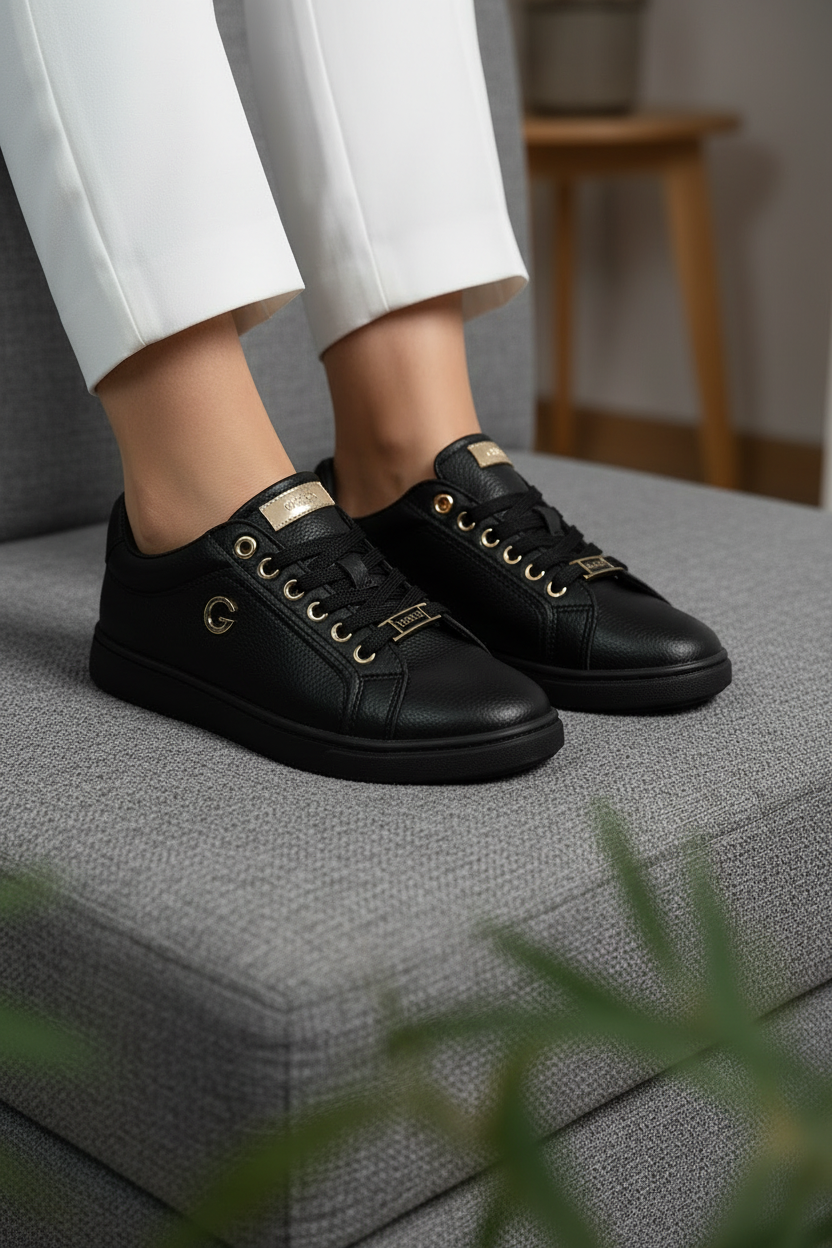 Tenis Negros Con Detalles Dorados Forro Acolchado Estilo Casual Urbano Uso Diario - 14658