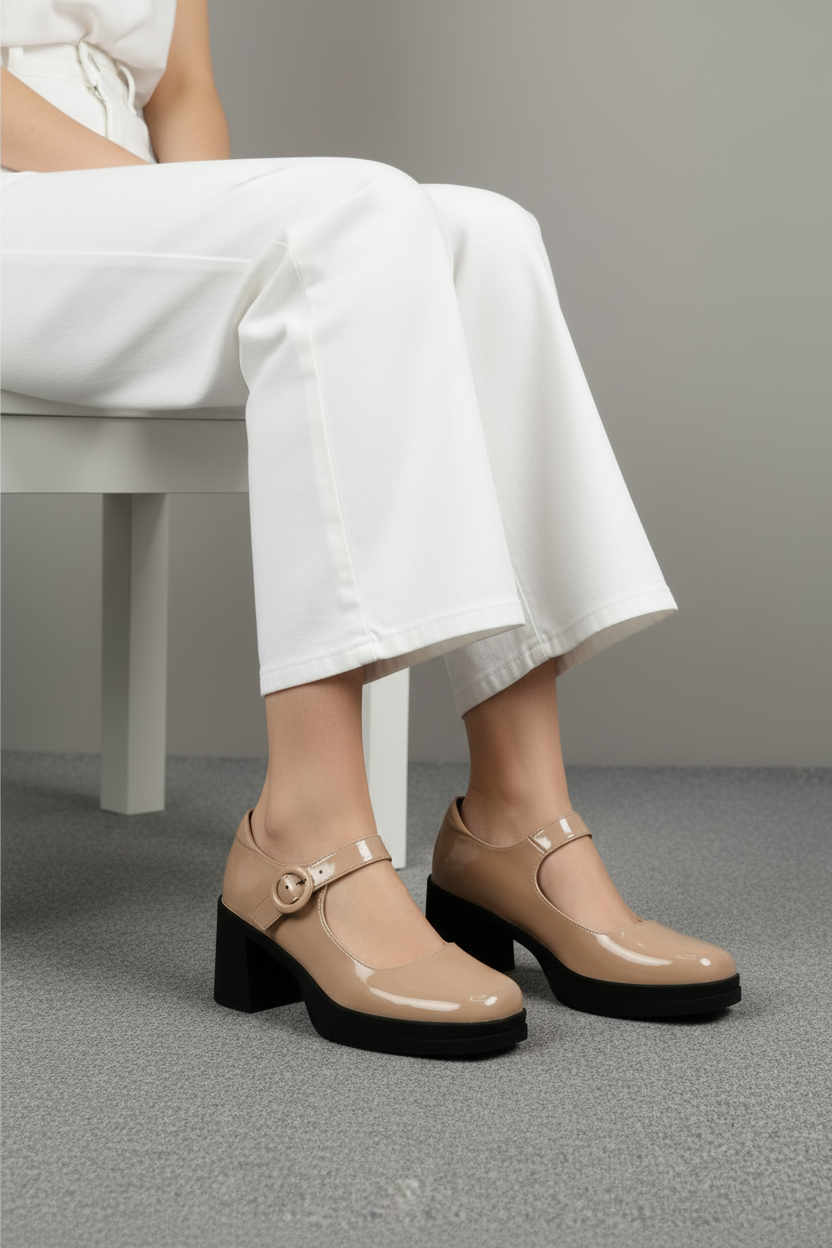 Mary Jane Nude Charol Brilloso con Tacón Ancho y Correa Hebilla Redonda – 14516