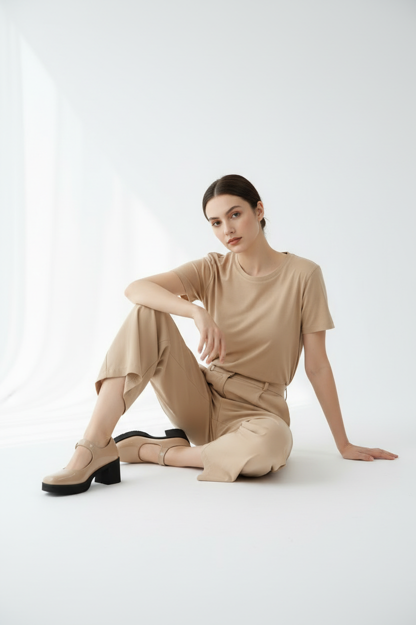 Mary Jane Nude Charol Brilloso con Tacón Ancho y Correa Hebilla Redonda – 14516