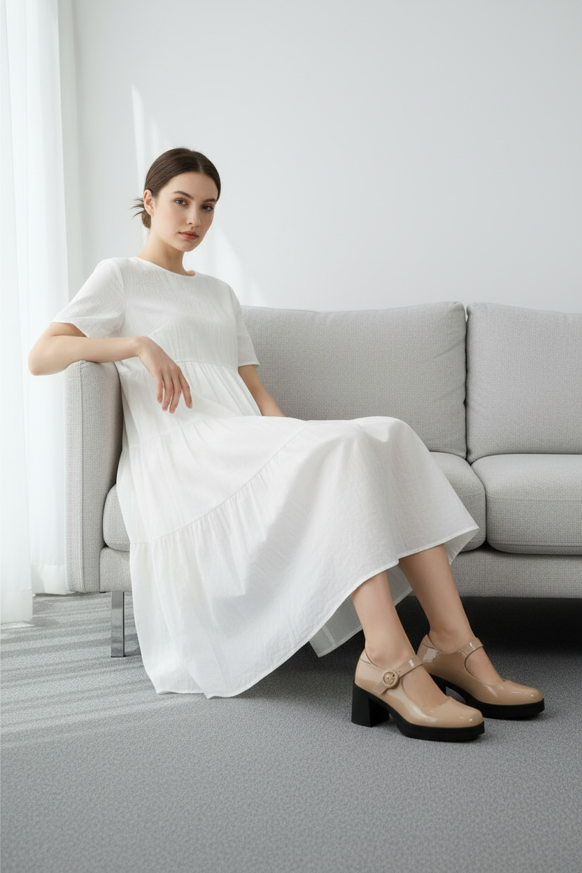 Mary Jane Nude Charol Brilloso con Tacón Ancho y Correa Hebilla Redonda – 14516