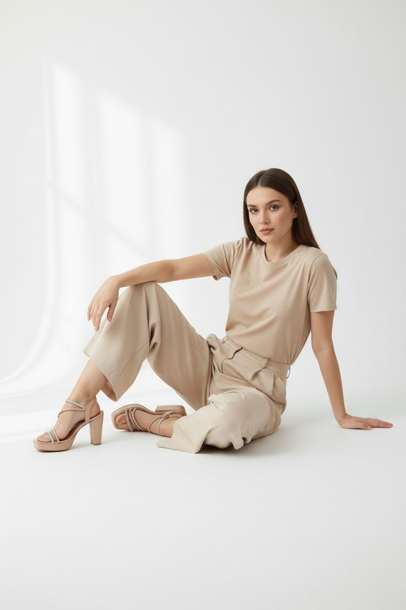 Sandalias Nude Con Tiras Delgadas Y Aplicaciones Brillantes, Tacón Alto – Con Plataforma Frontal – 14552