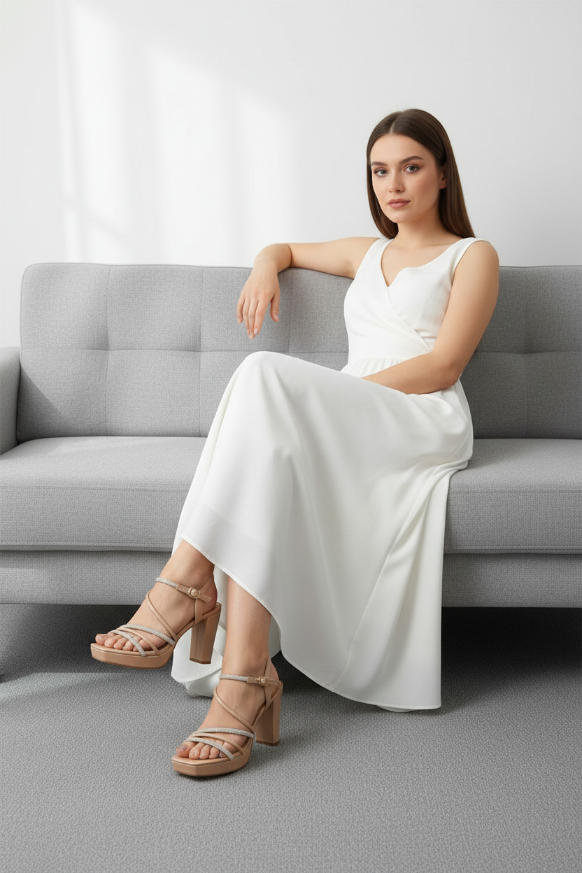 Sandalias Nude Con Tiras Delgadas Y Aplicaciones Brillantes, Tacón Alto – Con Plataforma Frontal – 14552