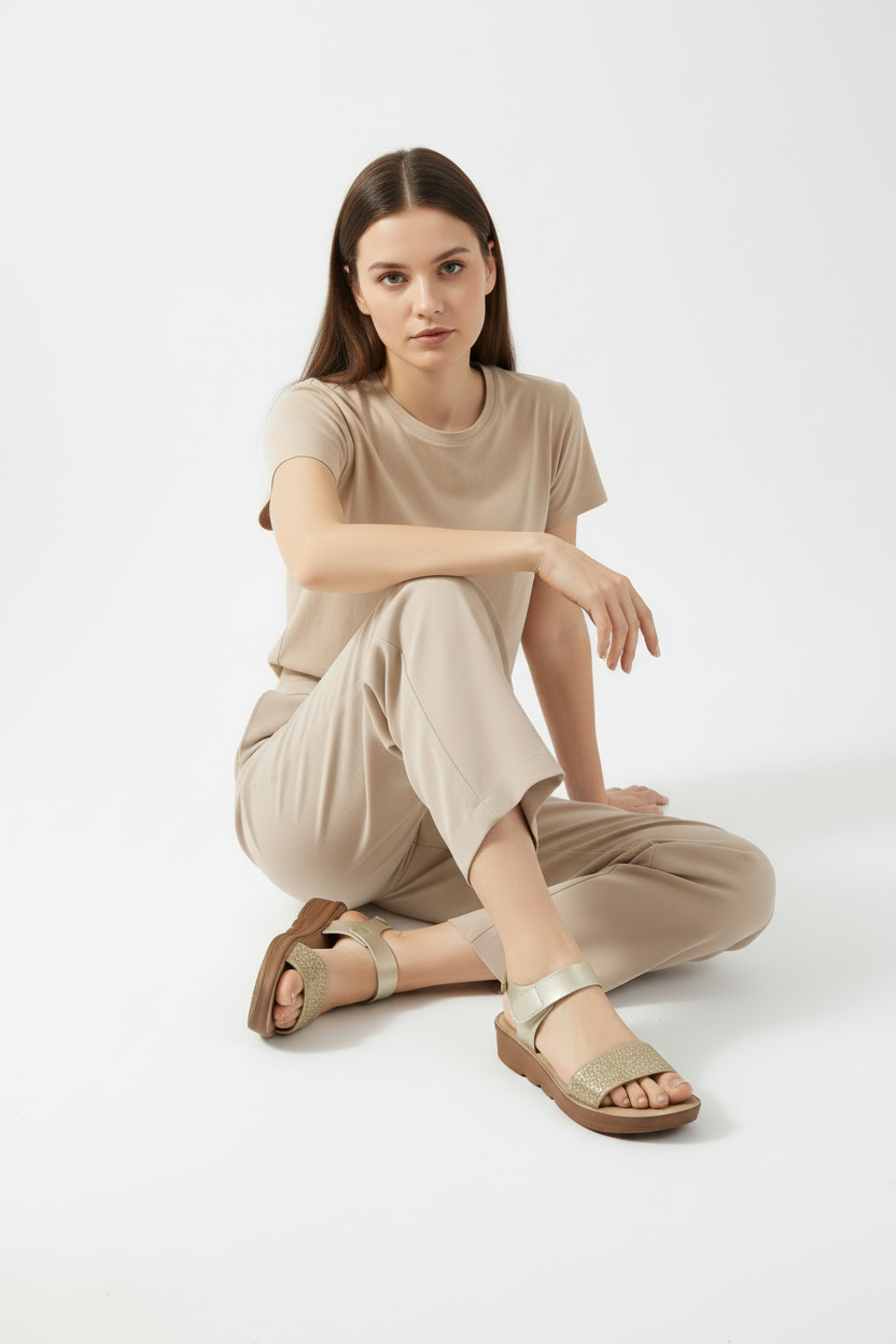 Sandalias Doradas Con Plataforma Suave Y Detalle Brillante Con Frontal Brillante Y Correa Ajustable Con Velcro 14746