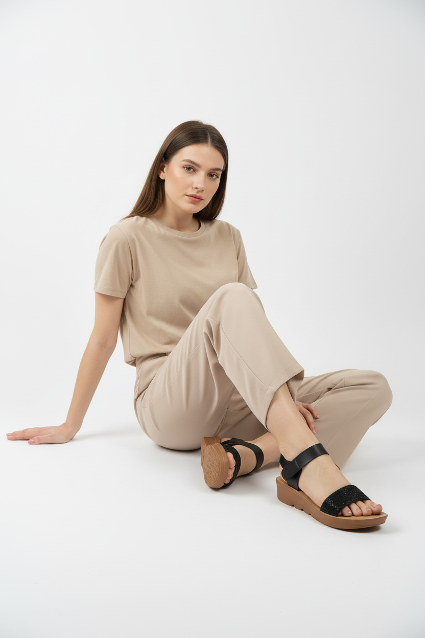 Sandalias Negras Komfort Con Tira Frontal Brillante Y Pulsera Suave Al Tobillo - 14745