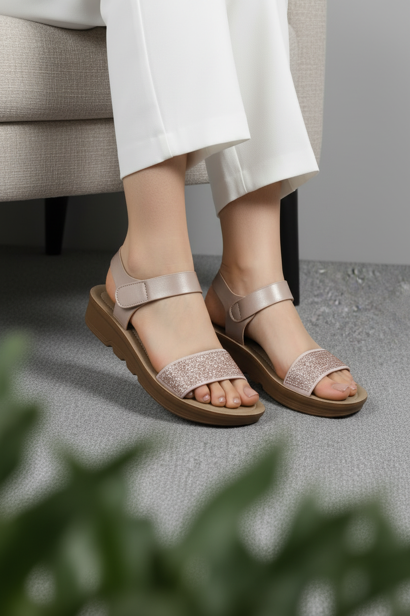 Sandalia + Rosa Brillante Con Plataforma Y Correa Ajustable De Velcro + Estilo Casual Y Cómoda + 14747